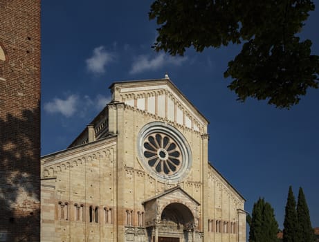 Verona, Italy, Europe, August 2019, A view of the Basilica di San Zeno Maggiore