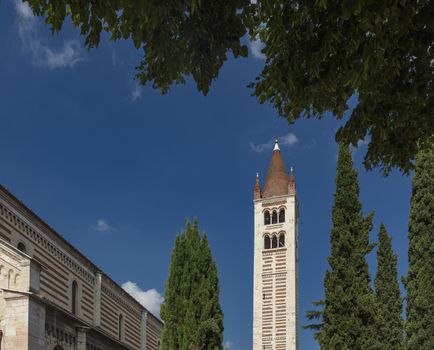 Verona, Italy, Europe, August 2019, A view of the Basilica di San Zeno Maggiore