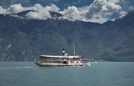 Lake Garda, Italy, Europe, August 2019, A view of the vintage paddle steamer ship Italia