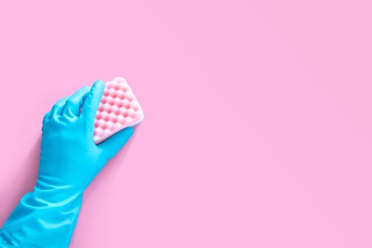 hand in blue rubber glove holding pink cleaning sponge isolated on pink background with copy space for text or logo