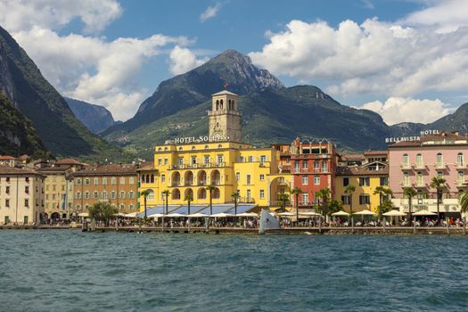 Riva del Garda, Lake Garda, Italy, August 2019, A view of the lake and town and hotel sole