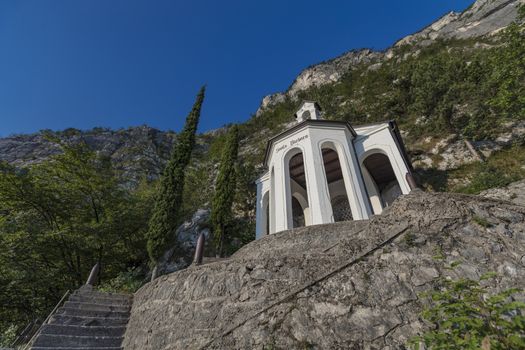 Riva del Garda, Italy, Europe, August 2019, the mountainside Chapel of Santa Barbara