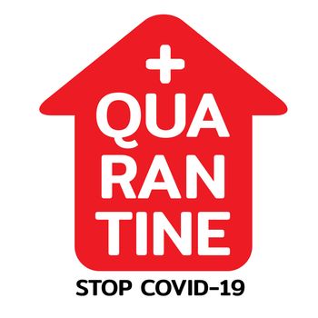 red icon house with text QUARANTINE and STOP COVID-19 on white background