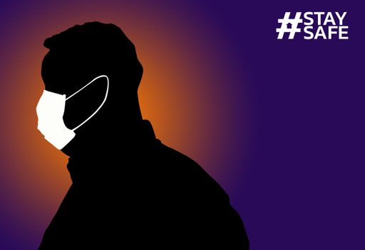 The silhouette of a fat man with medical mask on a purple background and bright orange text STAYSAFE