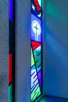 KORAZIM, ISRAEL - JANUARY 22, 2016: A colorful stained glass window at the Domus Galilaeae (House of Galilee) Monastery, on the peak of Mount of Beatitudes, Israel