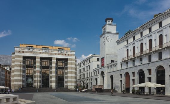 Brescia, Italy, Europe, August 2019, a view of the buildings in the Piazza della Vittoria
