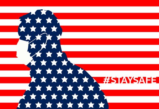 Abstract american flag on a fat man with medical mask and text STAYSAFE