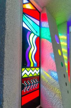 KORAZIM, ISRAEL - JANUARY 22, 2016: A colorful stained glass window at the Domus Galilaeae (House of Galilee) Monastery, on the peak of Mount of Beatitudes, Israel