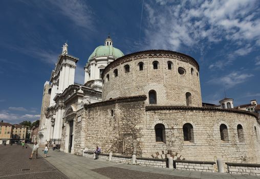 Brescia, Italy, Europe, August 2019, A view of the Old and New Cathedral, the Duomo Vecchio and Duomo Nuovo