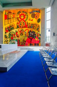 KORAZIM, ISRAEL - JANUARY 22, 2016: A church in the Domus Galilaeae (House of Galilee) Monastery, on the peak of Mount of Beatitudes, Israel