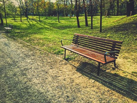 Empty bench in park during a city lockdown in coronavirus pandemic, outdoors and social issue