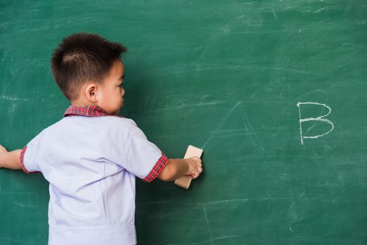 Back to School. Back of Asian cute little child boy kindergarten preschool in student uniform wiping clean or erase chalk on green school blackboard with sponge, First time to school education concept