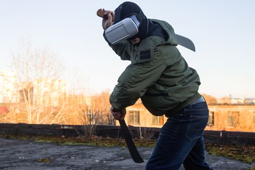 A man trains with glasses of virtual reality