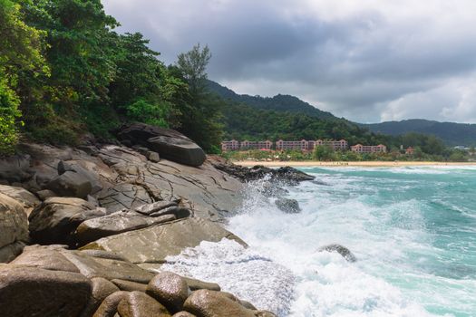 Waves are beating against rocks of a rocky shore