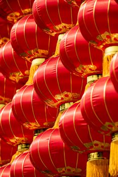 Group of red chinese lanterns close-up view for the chinese new year
