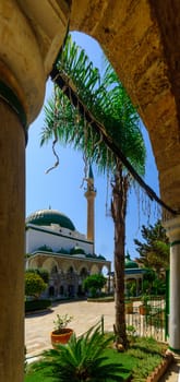 ACRE, ISRAEL - SEPTEMBER 18, 2017: View of the inner yard of El-Jazzar Mosque (the white mosque) in Acre (Akko), Israel