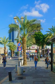 Haifa, Israel - March 06, 2019: Scene of Paris Square, with local businesses, locals and visitors, in downtown Haifa, Israel