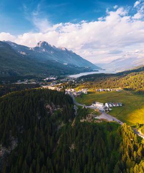 Aerial view over the Bregaglia Valley in the Maloja District and Lake Sils, also known as Silsersee.