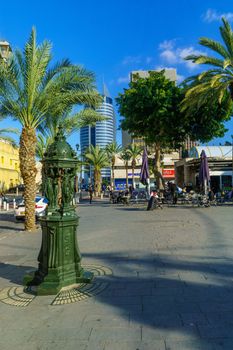 Haifa, Israel - March 06, 2019: Scene of Paris Square, with local businesses, locals and visitors, in downtown Haifa, Israel