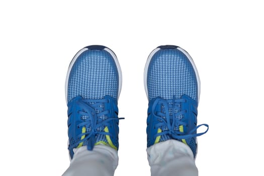 blue sport shoes on wearing ,top view on isolated white background