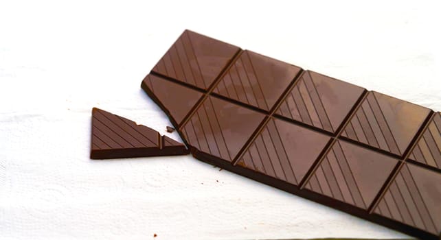 Chocolate bar in crackd bar on white floor