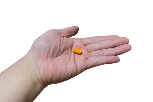 medicine ,man left hand hold tablet or pill in palm surface