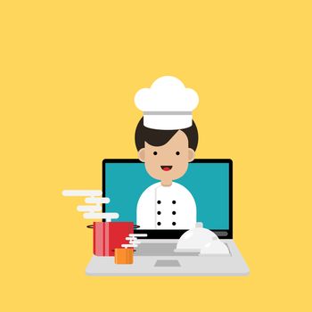 Online cooking concept. Chef on the screen of the computer or laptop with red and orange hot pot with smoke and food on a yellow background.