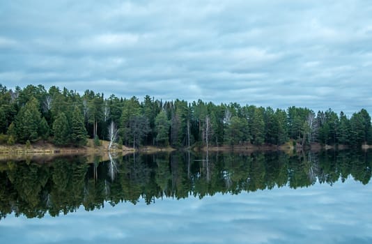 Idyllic landscape. The sky and the forest are reflected in the river.