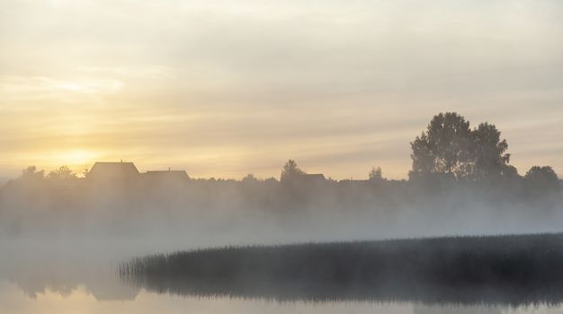 River before sunrise in the fog in the countryside