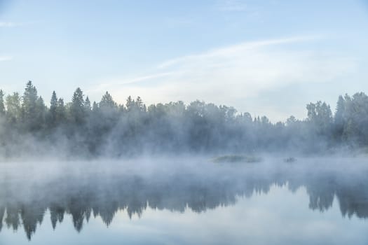 River before sunrise in the fog in the countryside