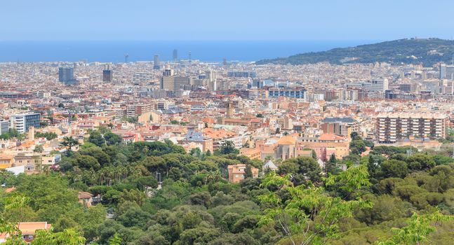 BARCELONA, SPAIN - June 21, 2017 : aerial view of Barcelona from the mountains on a summer day