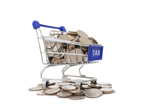 TAX concept with shopping cart with full of coin.