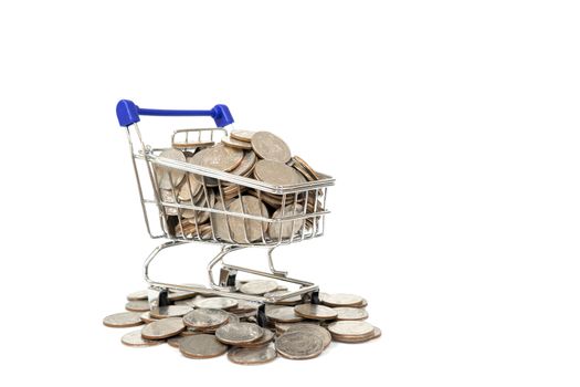 coins in shopping cart on the white background