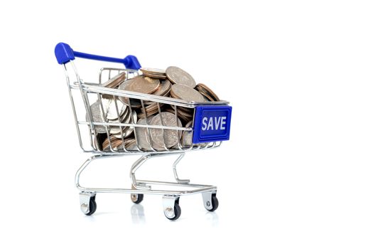 Save concept with shopping cart with full of coin.