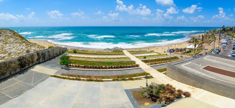 TEL-AVIV, ISRAEL - MAY 27, 2016: Panoramic view of Givat Aliyah beach and nearby area, with locals and visitors, in the southern part of Jaffa, Now part of Tel-Aviv Yafo, Israel