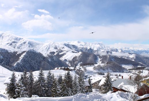 Mountain landscape covered with fresh snow