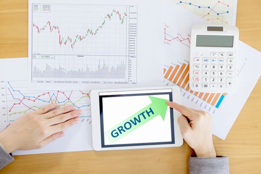 business, office, school and money concept - woman with chart paper, tablet pc and forex chart in it