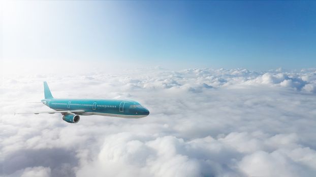 Commercial airplane flying above clouds