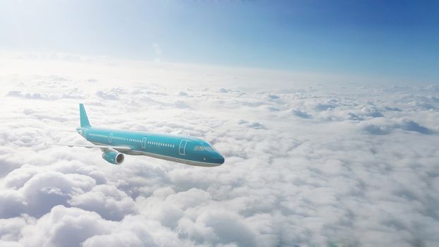 Commercial airplane flying above clouds 