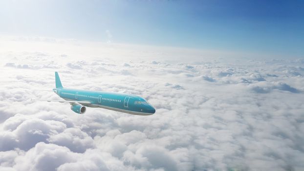 Commercial airplane flying above clouds 