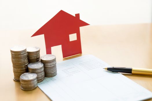 money, pile coin with saving book and paper home,concept