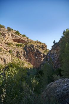 Mountainous landscape on a sunny day, rocks, pine trees, green, bright blue