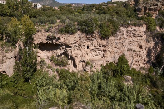 Steep mountain with pine trees and blue sky, bright sky, pine trees, vertical walls