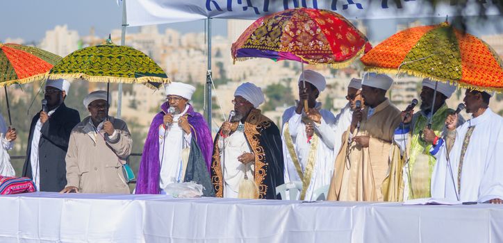 JERUSALEM - NOV 20, 2014: Kessim, religious leaders of the Ethiopian Jews, leads the Sigd pray in Jerusalem, Israel. The Sigd is an annual holiday of the Ethiopian Jews
