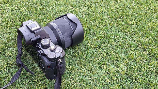 Digital photo camera on grass in summer. 