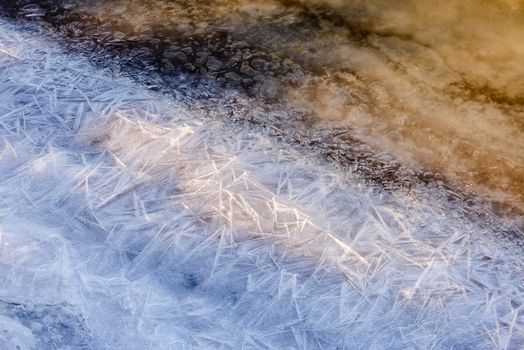 Frozen ice texture on the Dnieper river in Kiev, Ukraine, during winter