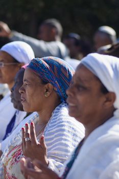 JERUSALEM - NOV 20, 2014: Ethiopian Jewish women pray at the Sigd, in Jerusalem, Israel. The Sigd is an annual holiday of the Ethiopian Jews