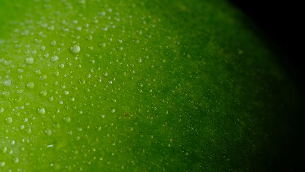 detail fresh green Apple with water droplet isolated on black background – low key macro shoot