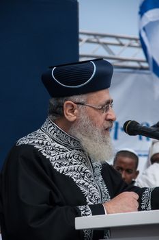 JERUSALEM - OCT 31: Yitzhak Yosef, Chief Sepharadi Rabbi speaks at the Sigd Celebration - Oct. 31, 2013 in Jerusalem, Israel. The Sigd is an annual holiday of the Ethiopian Jews.