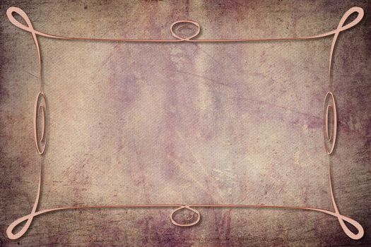 An antique decorative copper frame with a background with texture. Pink and beige color
